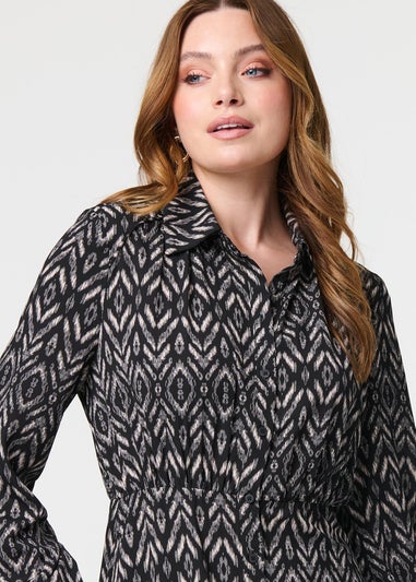 Izabel London Black Chevron Print Long Sleeve Midi Shirt Dress