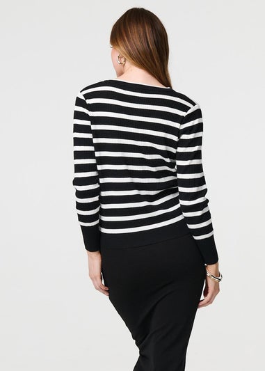 Izabel London Black Stripe Print Button-Up Knit Cardigan