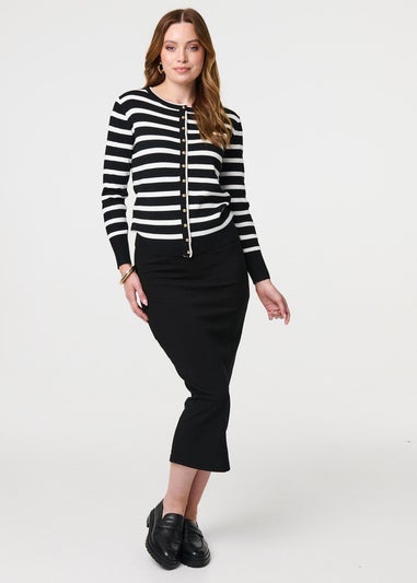 Izabel London Black Stripe Print Button-Up Knit Cardigan