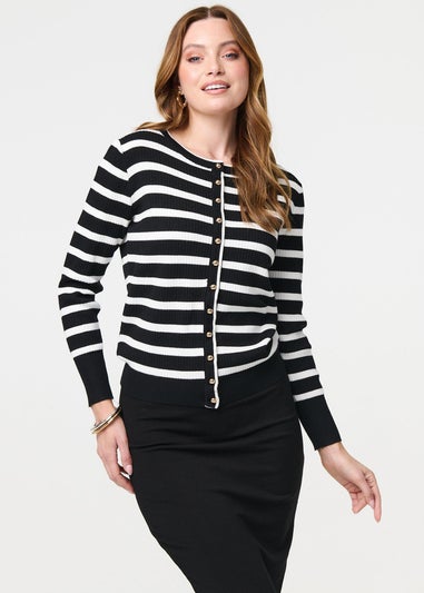 Izabel London Black Stripe Print Button-Up Knit Cardigan