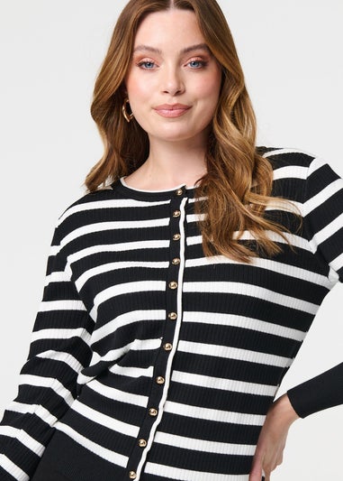 Izabel London Black Stripe Print Button-Up Knit Cardigan