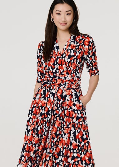 Izabel London Orange Printed V-Neck Midi Wrap Dress