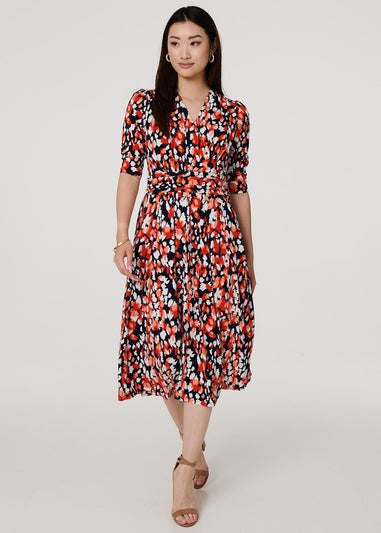 Izabel London Orange Printed V-Neck Midi Wrap Dress