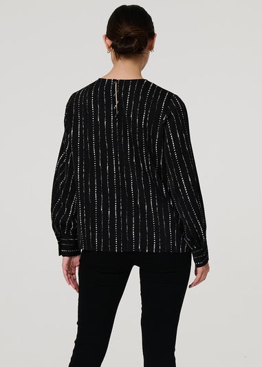 Izabel London Black Metallic Stripe Long Sleeve Blouse