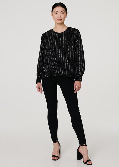 Izabel London Black Metallic Stripe Long Sleeve Blouse