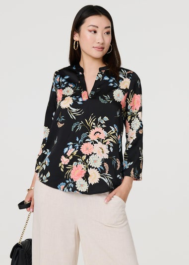 Izabel London Black Floral Print V-Neck Blouse