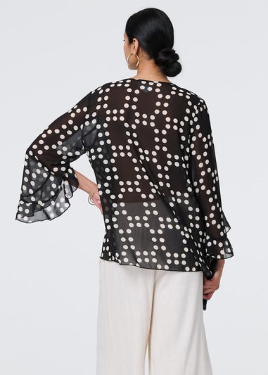 Izabel London Black Dot Print Semi Sheer Flare Sleeve Blouse