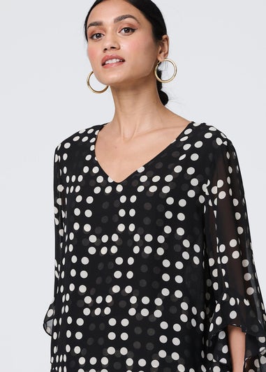 Izabel London Black Dot Print Semi Sheer Flare Sleeve Blouse