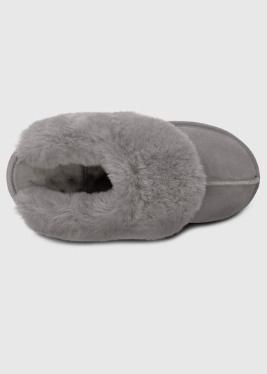 Totes Isotoner Grey Ladies Real Suede Mule with Fur Cuff