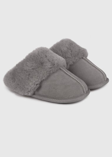 Totes Isotoner Grey Ladies Real Suede Mule with Fur Cuff