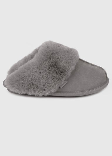 Totes Isotoner Grey Ladies Real Suede Mule with Fur Cuff