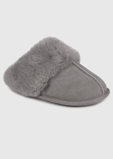 Totes Isotoner Grey Ladies Real Suede Mule with Fur Cuff