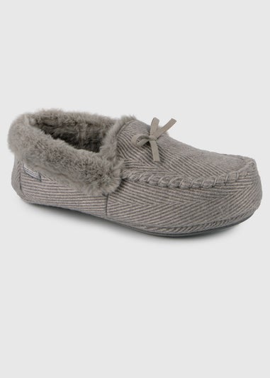 Totes Isotoner Grey Ladies Herringbone Moccasin Slipper With Fur Cuff