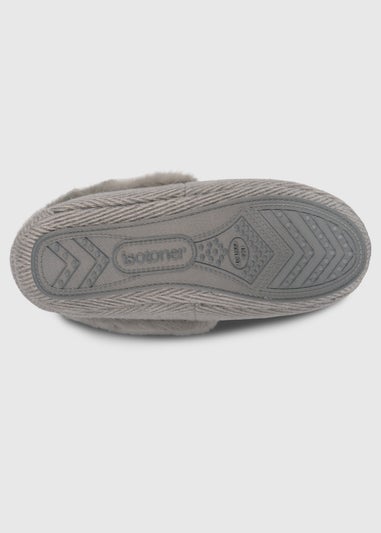 Totes Isotoner Grey Ladies Herringbone Moccasin Slipper With Fur Cuff