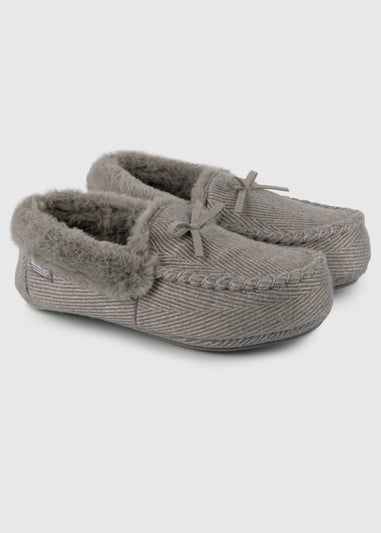 Totes Isotoner Grey Ladies Herringbone Moccasin Slipper With Fur Cuff