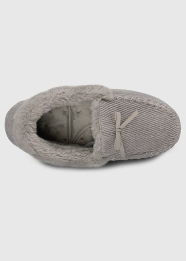 Totes Isotoner Grey Ladies Herringbone Moccasin Slipper With Fur Cuff