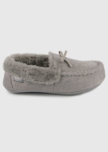 Totes Isotoner Grey Ladies Herringbone Moccasin Slipper With Fur Cuff