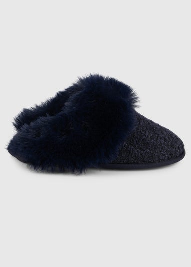 Totes Toasties Navy Ladies Textured Sparkle Faux Fur Mule Slippers