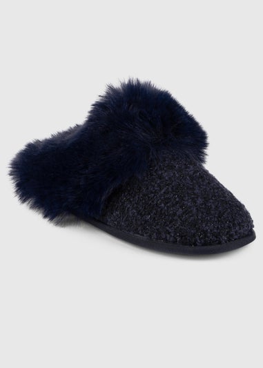 Totes Toasties Navy Ladies Textured Sparkle Faux Fur Mule Slippers