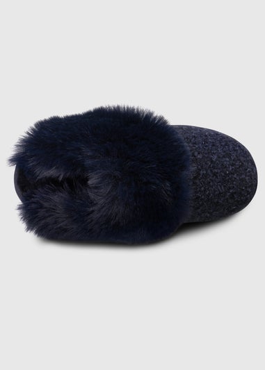 Totes Toasties Navy Ladies Textured Sparkle Faux Fur Mule Slippers