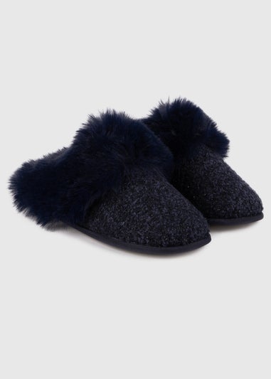 Totes Toasties Navy Ladies Textured Sparkle Faux Fur Mule Slippers