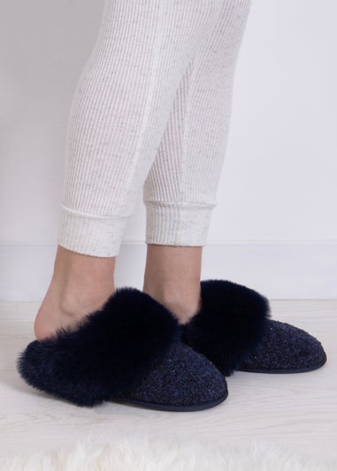 Totes Toasties Navy Ladies Textured Sparkle Faux Fur Mule Slippers