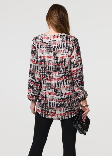 Izabel London Pink Printed Long Sleeve V-Neck Tunic Blouse