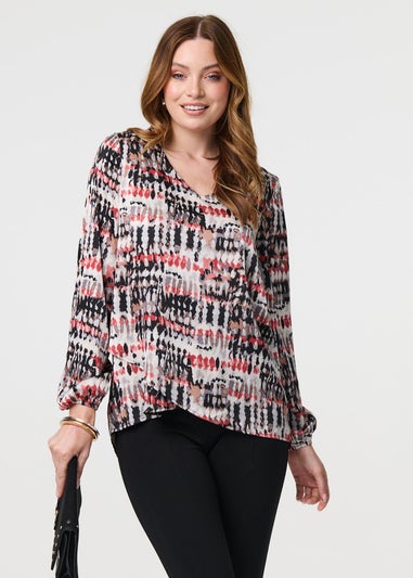 Izabel London Pink Printed Long Sleeve V-Neck Tunic Blouse