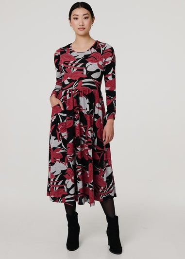 Izabel London Black Floral Long Sleeve Pleated Midi Dress