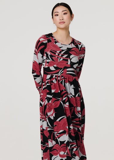 Izabel London Black Floral Long Sleeve Pleated Midi Dress