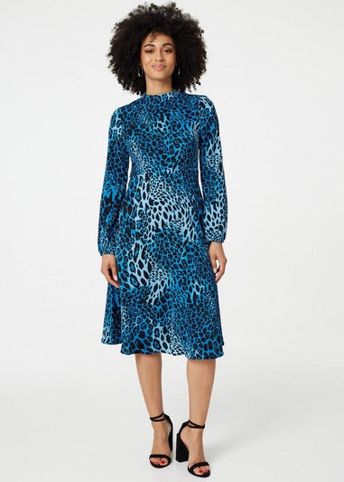 Izabel London Blue Leopard Print Long Sleeve Mini Dress