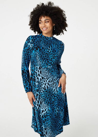 Izabel London Blue Leopard Print Long Sleeve Mini Dress