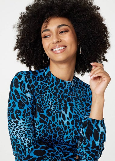 Izabel London Blue Leopard Print Long Sleeve Mini Dress