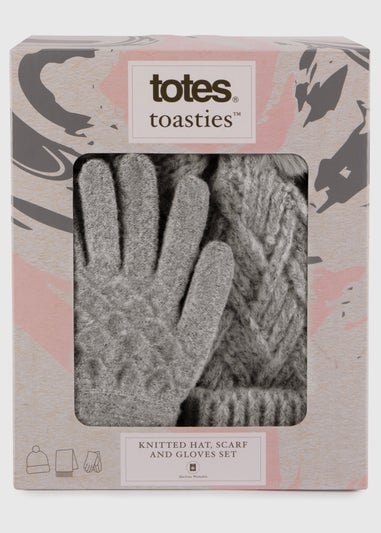 Totes Toasties Grey Ladies Knitted Hat  Scarf & Mitten Gift Set