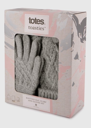 Totes Toasties Grey Ladies Knitted Hat  Scarf & Mitten Gift Set