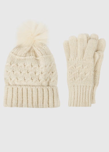 Totes Toasties Cream Ladies Cable Hat & Glove Gift Set