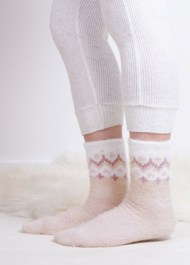 Totes Toasties Pink Ladies Fair Isle & Chenille Supersoft Bed Socks (Twin Pack)