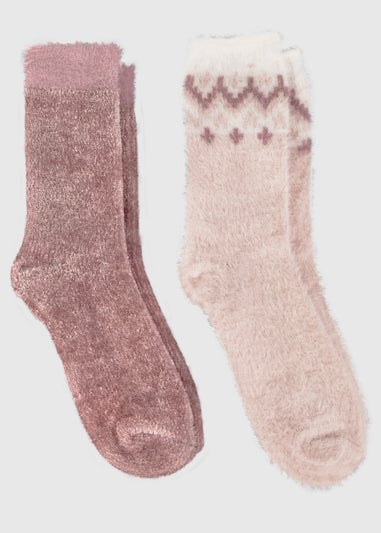 Totes Toasties Pink Ladies Fair Isle & Chenille Supersoft Bed Socks (Twin Pack)