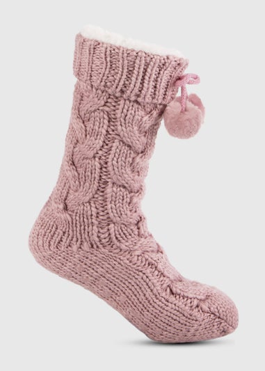 Totes Toasties Pink Ladies Luxury Chunky Knit Slipper-Sox With Pom