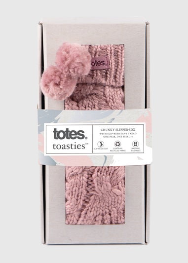 Totes Toasties Pink Ladies Luxury Chunky Knit Slipper-Sox With Pom