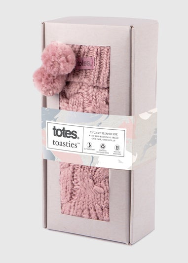 Totes Toasties Pink Ladies Luxury Chunky Knit Slipper-Sox With Pom