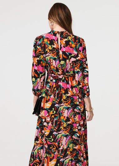 Izabel London Black Printed High Neck Long Sleeve Midi Dress