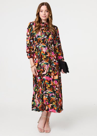 Izabel London Black Printed High Neck Long Sleeve Midi Dress