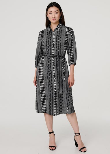 Izabel London Black Striped Tie Waist Midi Shirt Dress