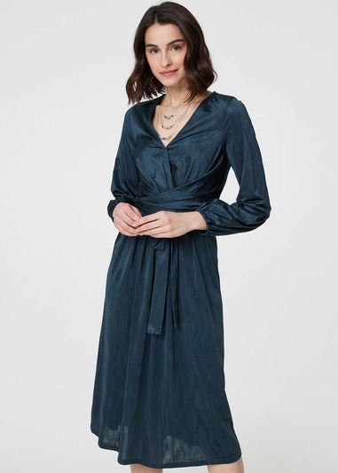 Izabel London Green Ruched Long Sleeve Midi Wrap Dress