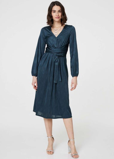 Izabel London Green Ruched Long Sleeve Midi Wrap Dress