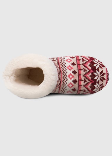 Totes Toasties Ladies Fair Isle Knit Boot Slippers With Faux Fur Cuff