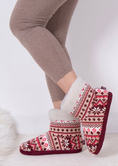 Totes Toasties Ladies Fair Isle Knit Boot Slippers With Faux Fur Cuff