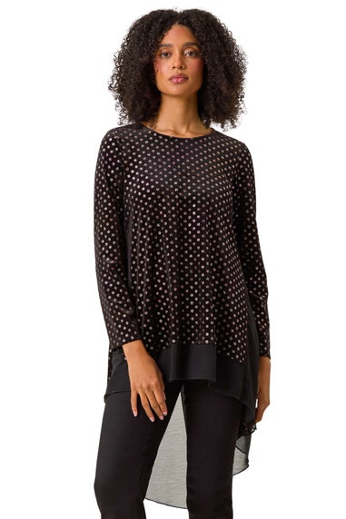 Roman Rose Glitter Spot Print Chiffon Hem Tunic Top