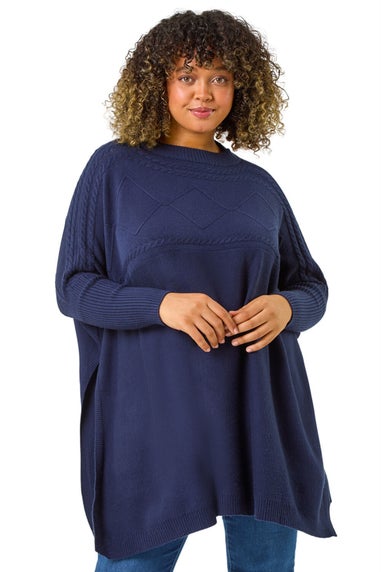 Roman Midnight Blue Curve High Neck Cable Knit Poncho